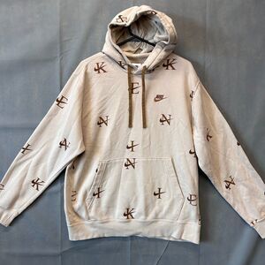Nike Hoodie Men’s Large Beige Brown Logo Print Pullover Sweatshirt Kangaroo Pock